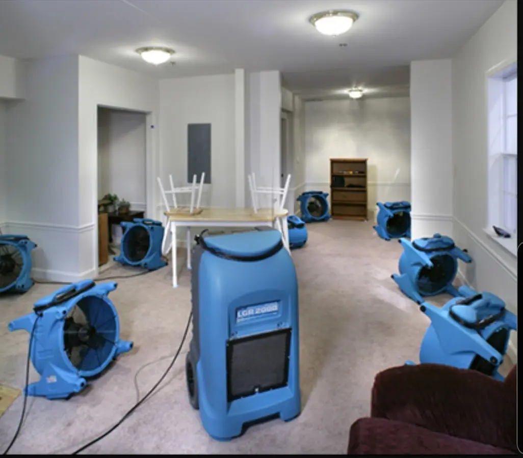 Air movers and dehumidifier setup for Water Damage Restoration in California Polytechnic State University